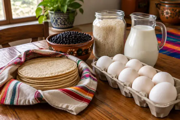 Tortillas, huevo, frijol, arroz y leche sobre una mesa