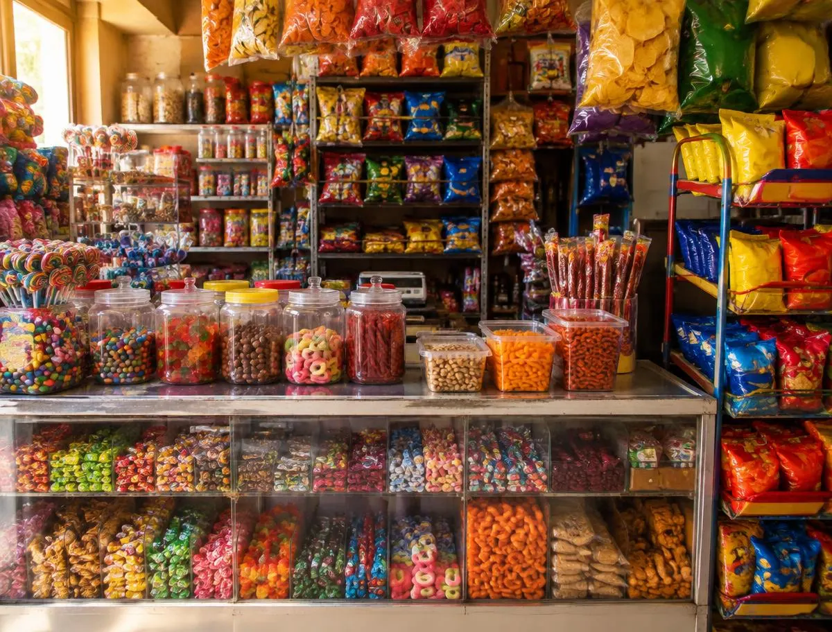 Mostrador con dulces en frascos y bolsas de botana