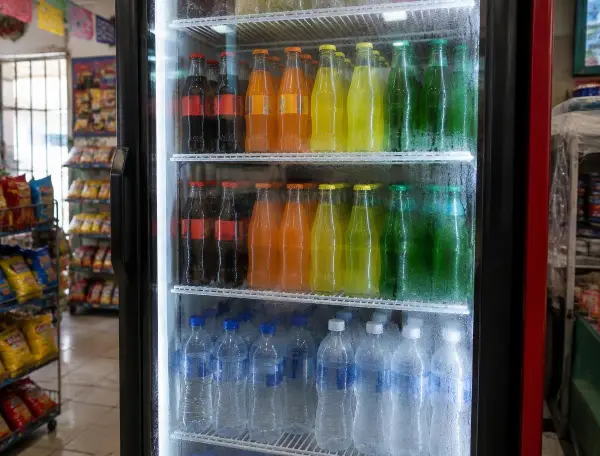 Refrigerador con refrescos y agua embotellada